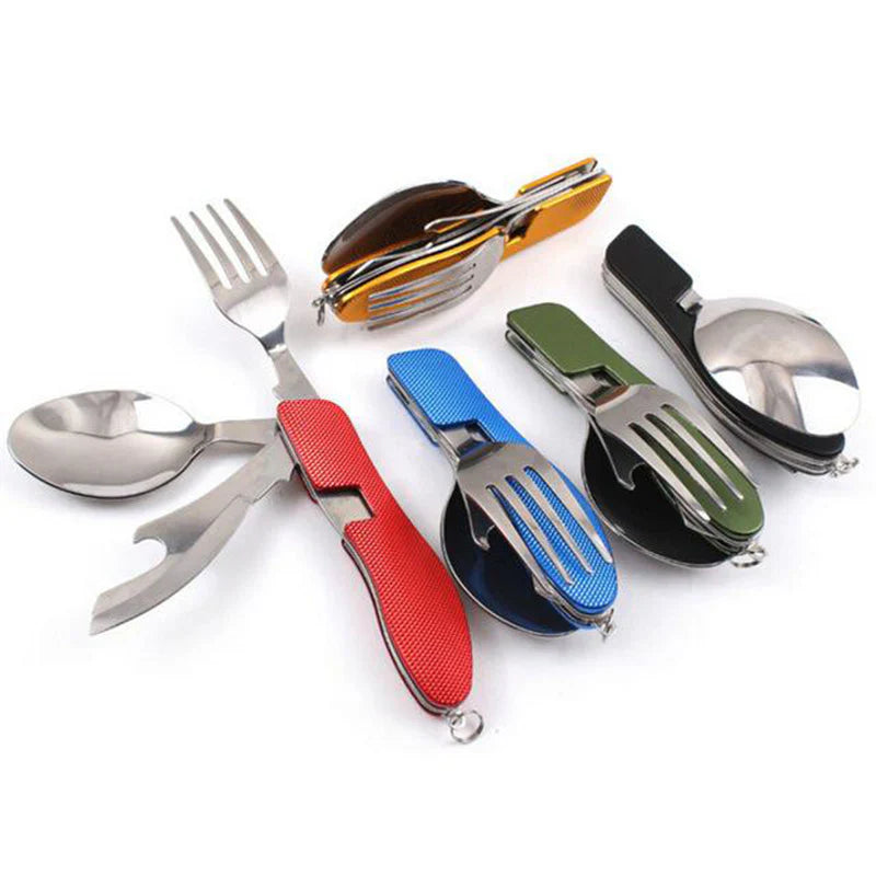 Fourchette de poche multifonction pliable 3 en 1 avec cuillère